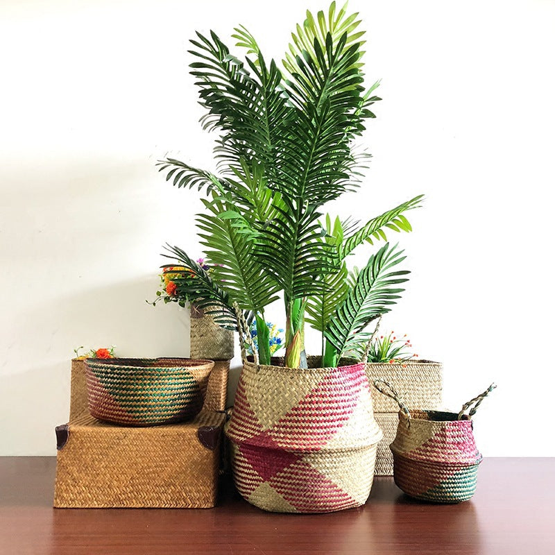 Straw Pot-Bellied Flower Baskets, Flower Arrangement, Folding Baskets, Household Sundries Storage