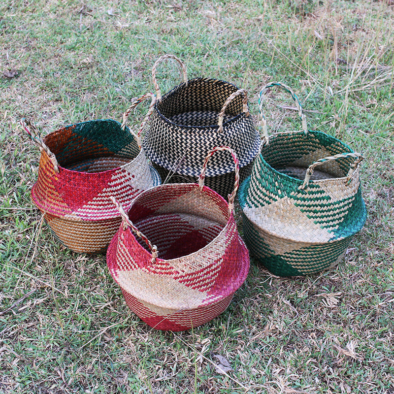 Straw Pot-Bellied Flower Baskets, Flower Arrangement, Folding Baskets, Household Sundries Storage